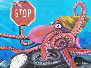 Surreal painting of a pink octopus with spiraling tentacles around a car tire, near a STOP sign against a blue background.