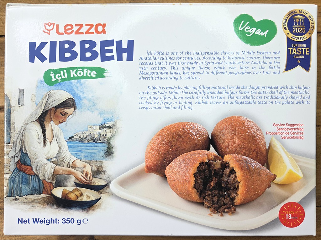 Lezza Kibbeh İçli Köfte vegan packaging showing fried kibbeh balls on a plate with lemon slice and a plate of filling nearby illustration of a woman preparing kibbeh by the sea (350 g)