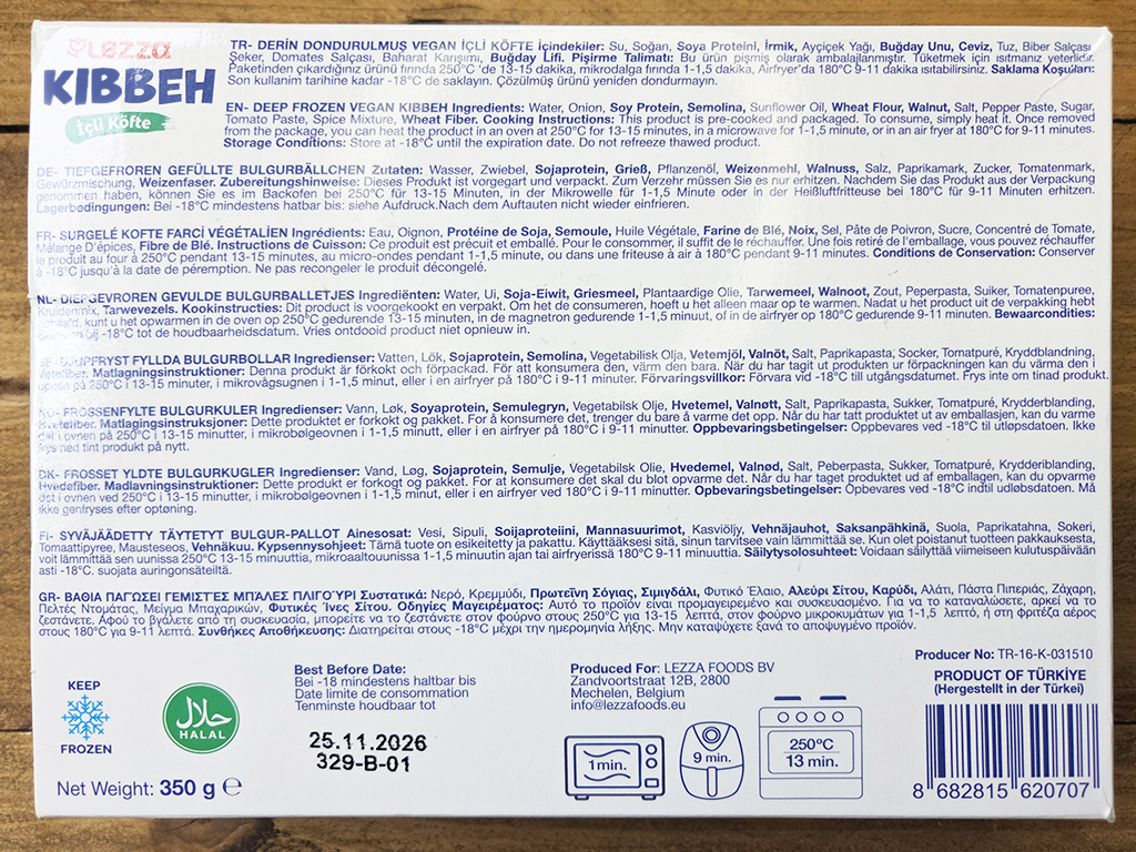 Back of frozen vegan Kibbeh package with multilingual ingredients and cooking instructions, shows net 350 g and keep frozen symbols.