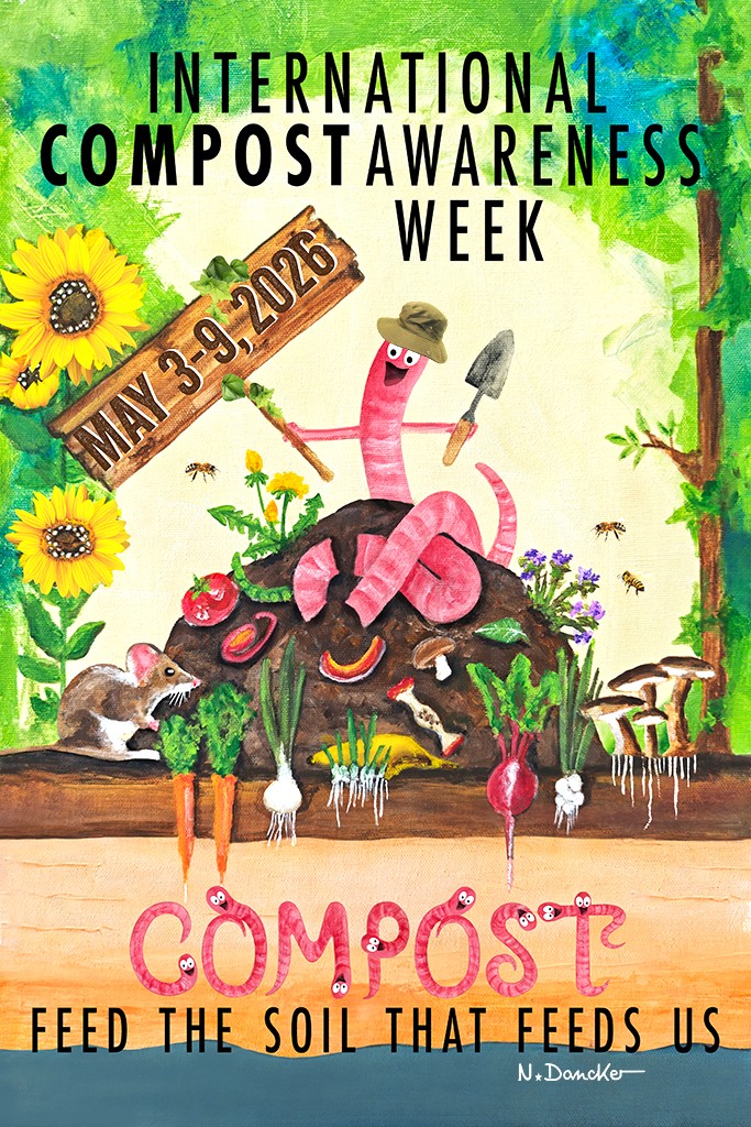 Poster for International Compost Awareness Week showing a cartoon worm on a compost pile, with a wooden sign reading May 3–9, 2015, and the slogan 'Feed the soil that feeds us'.