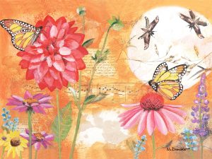 Vibrant orange painting of blooming flowers with monarch butterflies perched on pink petals and musical notes in the background.
