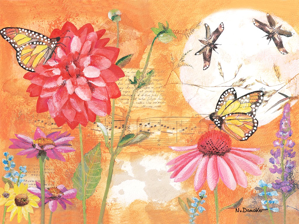 Vibrant orange painting of blooming flowers with monarch butterflies perched on pink petals and musical notes in the background.