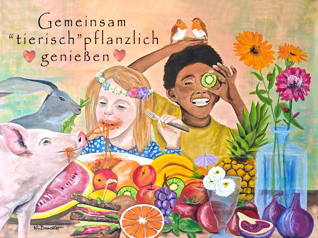Colorful illustration of two kids sharing a fruit feast with a pig and rabbit nearby, flowers in a vase, and the German slogan Gemeinsam tierisch pflanzlich genießen.