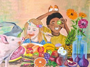 Two children share a colorful fruit feast at a table, with a girl wearing a flower crown eating and a boy smiling as he holds a kiwi to his eye, surrounded by a pig, rabbit, and birds, plus bright flowers in vases and an abundance of fruit.