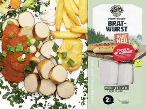 Two-panel image: on the left, sliced plant-based sausages with sauces, fries, and herbs on a plate; on the right, a vegan bratwurst package with a bacon-free label and green design.