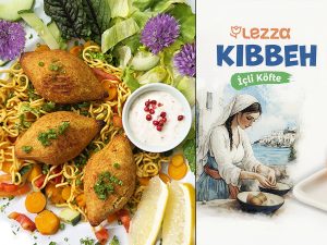 Left: plate of fried kibbeh served over noodles with lemon wedges, fresh vegetables, and a dipping sauce; right: Lezza Kibbeh i&ccedil;li k&ouml;fte packaging featuring a painted scene of a woman cooking by the coast.