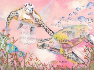 Two sea turtles swim through a pastel pink underwater scene with coral and small fish, and musical notes in the background.