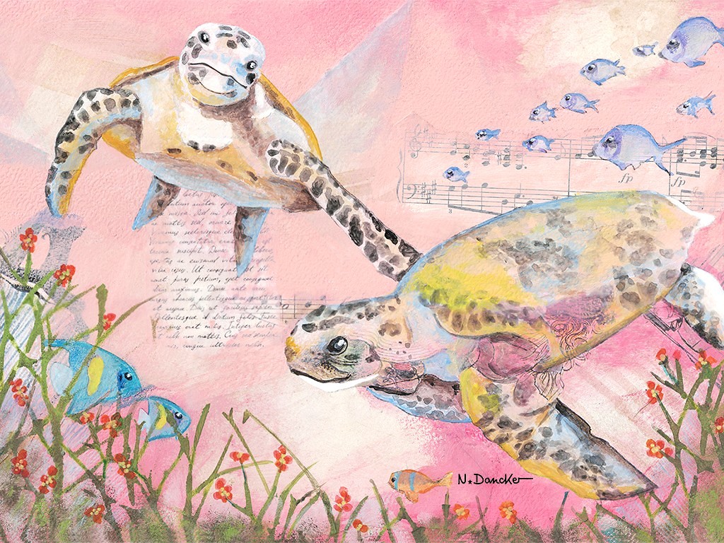 August-Bild | Wasserschildkröten | Herzschatz Two sea turtles swim through a pastel pink underwater scene with coral and small fish, and musical notes in the background.