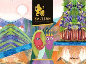 Vibrant collage with the Kaltern Kellerei Cantina logo over a stylized landscape and two abstract figures in the foreground.