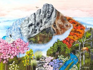 Colorful landscape painting of a mountain with a snowy left side, sunny blue river winding through autumnal trees on the right, and vibrant spring flowers in the foreground.