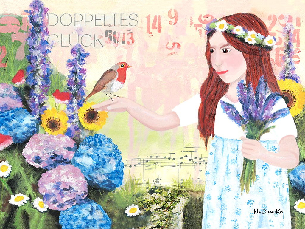 Girl with a flower crown and blue dress gently offers her finger to a small bird among bright hydrangeas and sunflowers in a pastel garden.