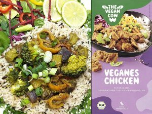 Vegetable rice bowl on the left with broccoli, peppers, and lime beside a vegan chicken product package on the right.