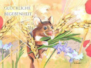 Playful illustration of a mouse among wheat stalks and flowers, holding green leaves, with the caption 'GL&Uuml;CKLICHE BEGEGNHEIT'.