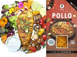 Left: seasoned grilled chicken breast with roasted peppers, vegetables, greens and a dipping sauce; right: packaging for El Pollo grilled chicken showing a cooked chicken dish and a '20.5 g protein' and 'fiber' claim.