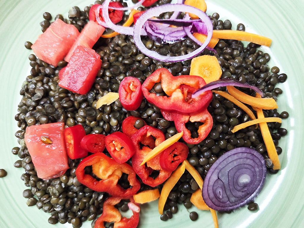 SOTO | Falafel Traditionell | Herzschatz Colorful lentil salad with watermelon cubes, red bell pepper rings, carrot strands, and purple onion on a green plate.
