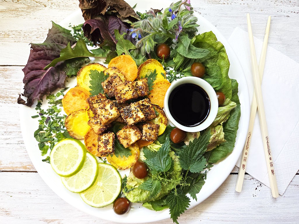 Tofoo & Co | Smoked Tofu | Herzschatz Top-down plate of leafy greens, roasted tofu cubes, citrus slices (lime), olives, herbs, with a small soy sauce cup on the side.
