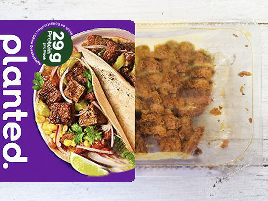Planted. | Filet-Würfel a la mexicana | Herzschatz Split image: left side shows a purple plant-based protein package with a taco dish; right side shows a clear tray of fried chicken pieces