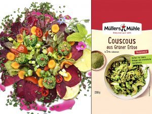 Colorful beet and vegetable salad on the left with lemon slices, and a M&uuml;llers M&uuml;hle Couscous aus Gr&uuml;ner Erbse package on the right.