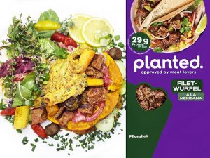 Colorful plant-based dish with vegetables and faux meat beside a purple Planted meat package.