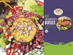 Product packaging for Soto Bio S&uuml;&szlig;kartoffel Burger: purple panel on the right with a burger image, and a colorful salad with a round patty on the left.