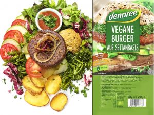 Plated vegan burger with greens, tomato, cucumber, onions, and potato wedges with a small sauce cup on the side (two-panel image).