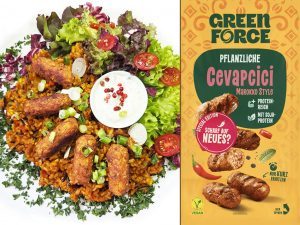 Two-panel image: left a plate of spiced rice with falafel bites and greens, right a Green Force vegan Cevapcici package in yellow packaging.