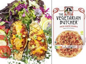 Side-by-side: left shows stuffed grilled eggplants with cheese and diced vegetables; right shows The Vegetarian Butcher vegan pasta package labeled Hick-Hack-Hurra.