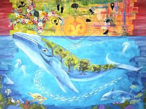 Vibrant mural of a blue whale swimming underwater with a forest on its back, set against a colorful, flower-filled top section.