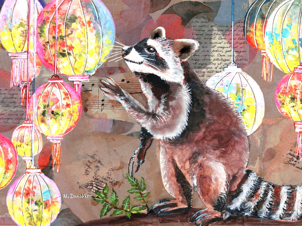 September-Bild | Waschbär | Herzschatz Illustration of a raccoon among glowing colorful lanterns in a decorative scene.