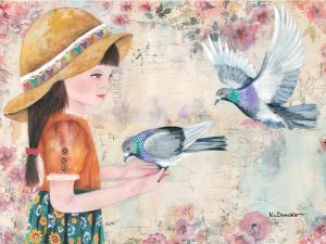Young girl in a straw hat feeds two pigeons in a pastel floral painting.