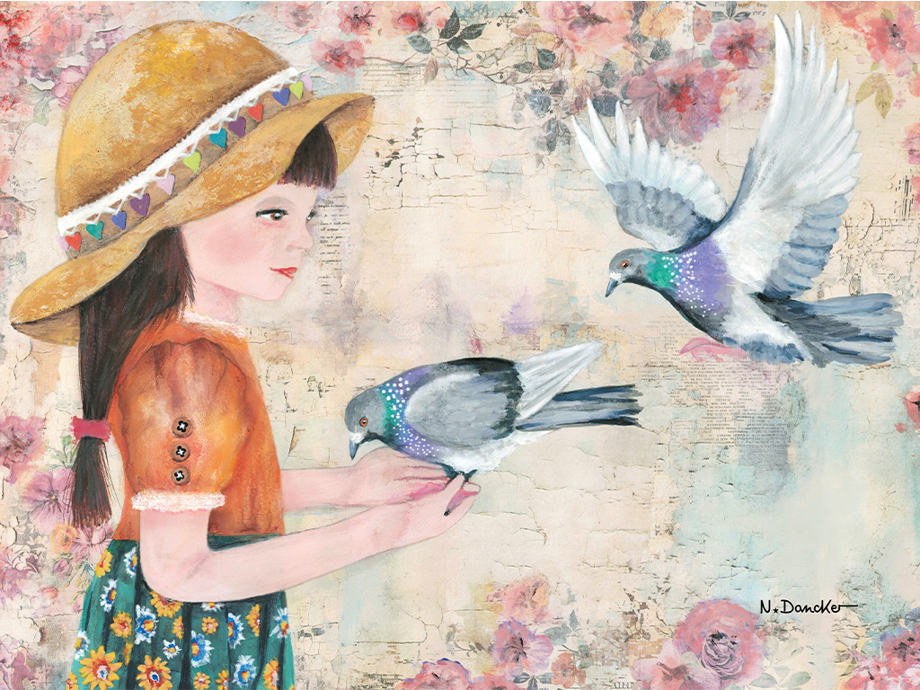 Young girl in a straw hat feeds two pigeons in a pastel floral painting.