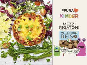 Left: colorful baked pasta with cheese and vegetables; right: PPURA Kinder Vollkorn Reis product advertisement.