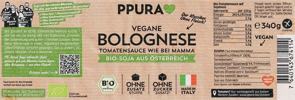 PPURA vegane Bolognese Tomatensauce – Bio-Soja aus Österreich, ohne Zusatzstoffe, Made in Italy, QR-Code sichtbar